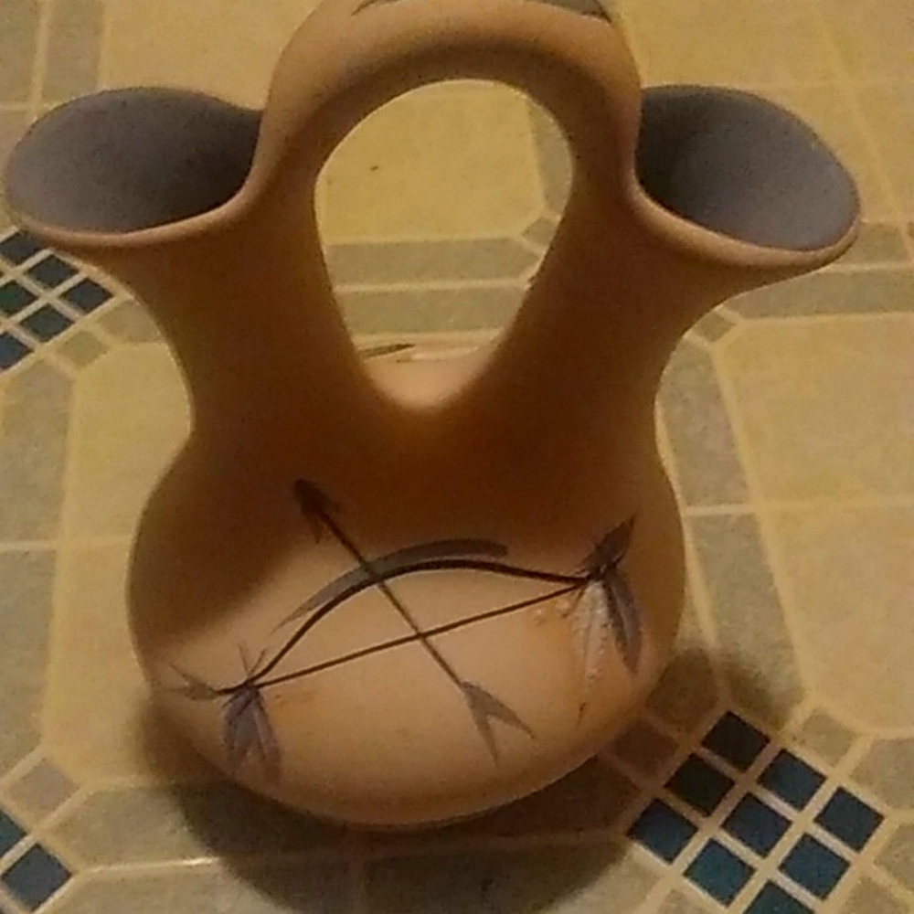 Grey feather  pottery wedding Signed Vase Vintage